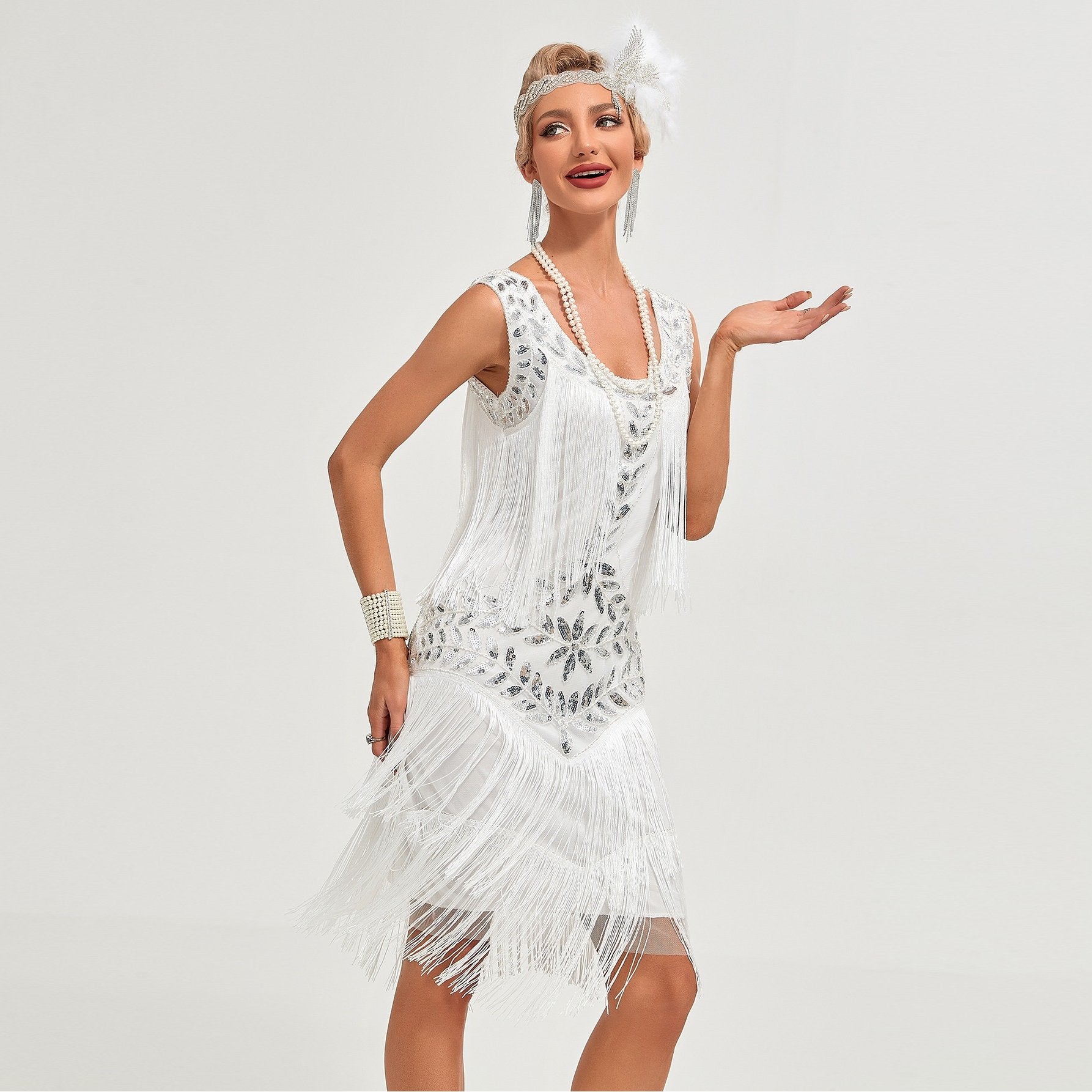 White Fringed Sequin Flapper Dress