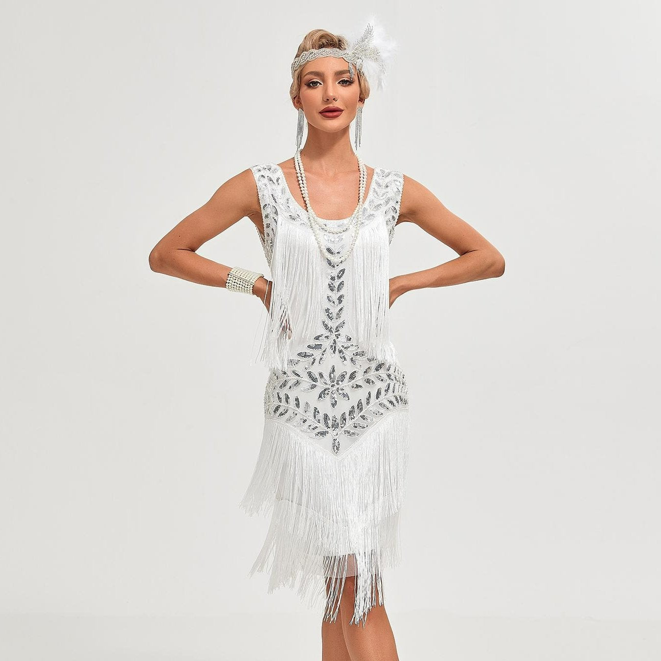 White Fringed Sequin Flapper Dress