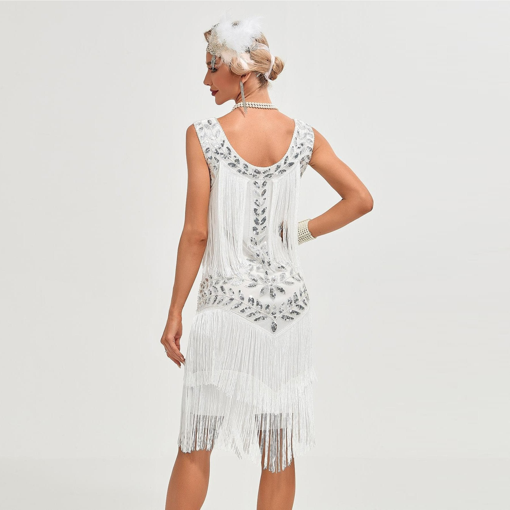 White Fringed Sequin Flapper Dress