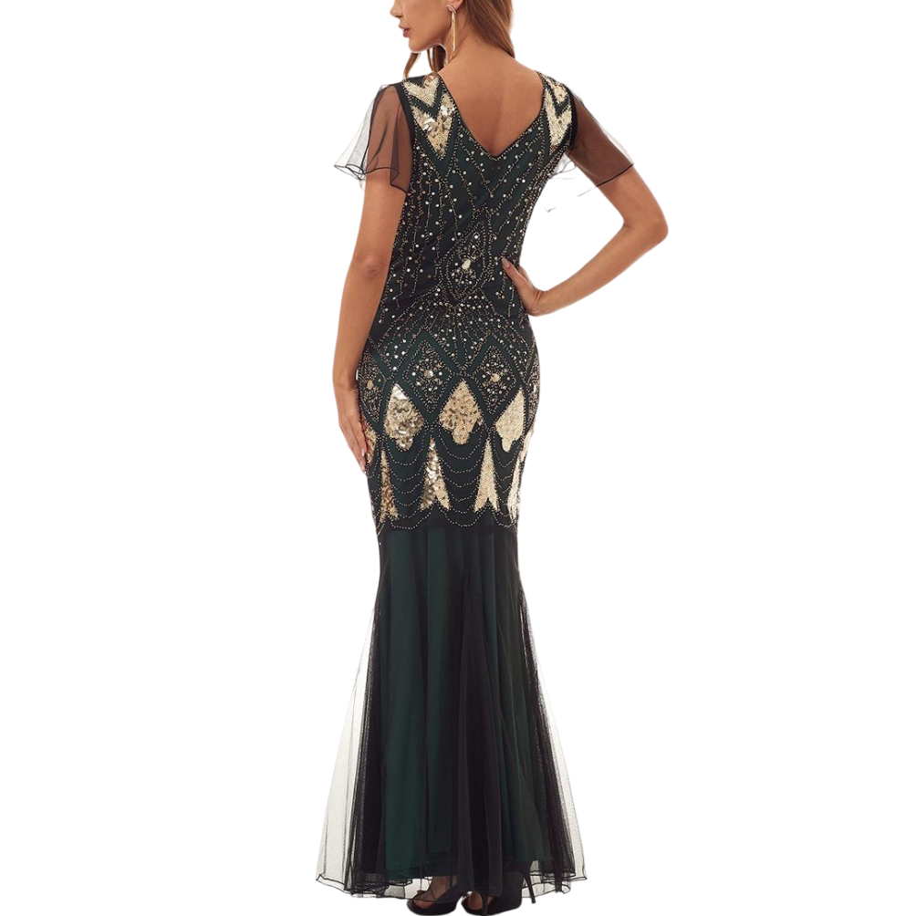 Green Art Deco Beaded Mermaid Gown