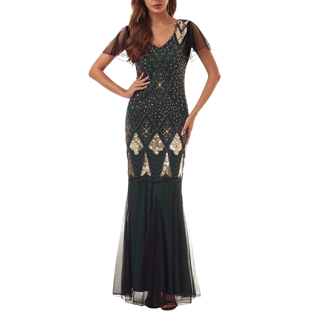 Green Art Deco Beaded Mermaid Gown