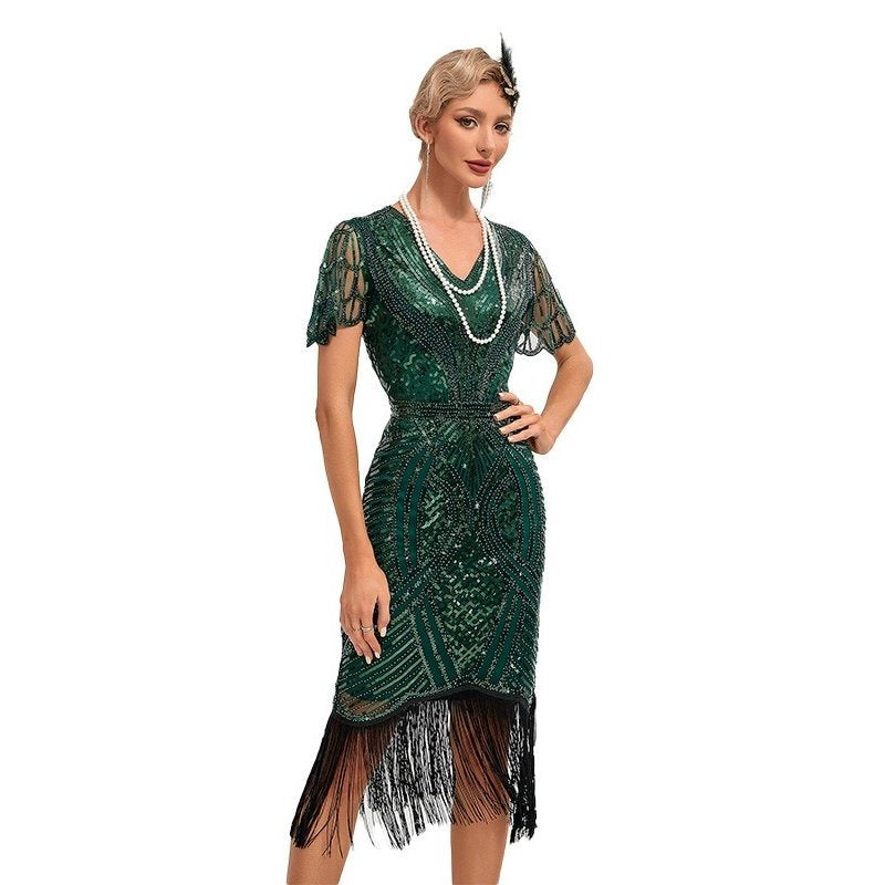 V Neck Beaded Fringed Flapper Dress