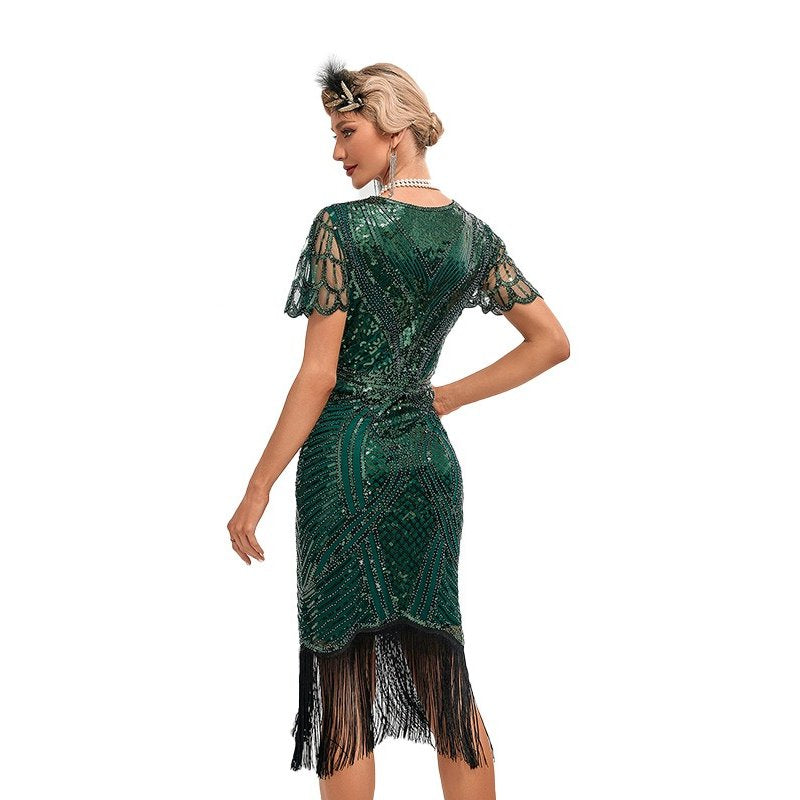 V Neck Beaded Fringed Flapper Dress