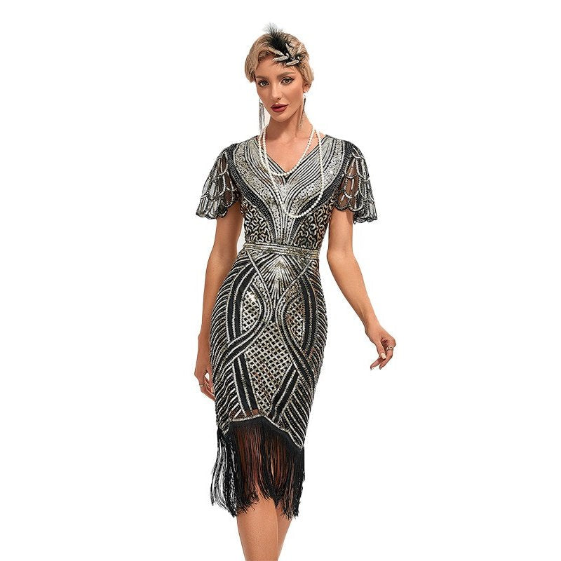 Beaded Fringed Cap Sleeves Flapper Dress