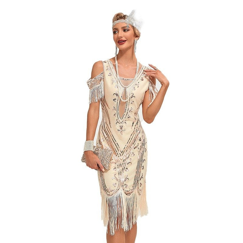 Sequin Cutout Shoulders Flapper Dress