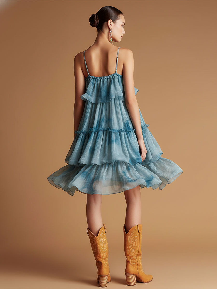 Commerce Boutique Blue Chiffon Spaghetti Strap Midi Dress 