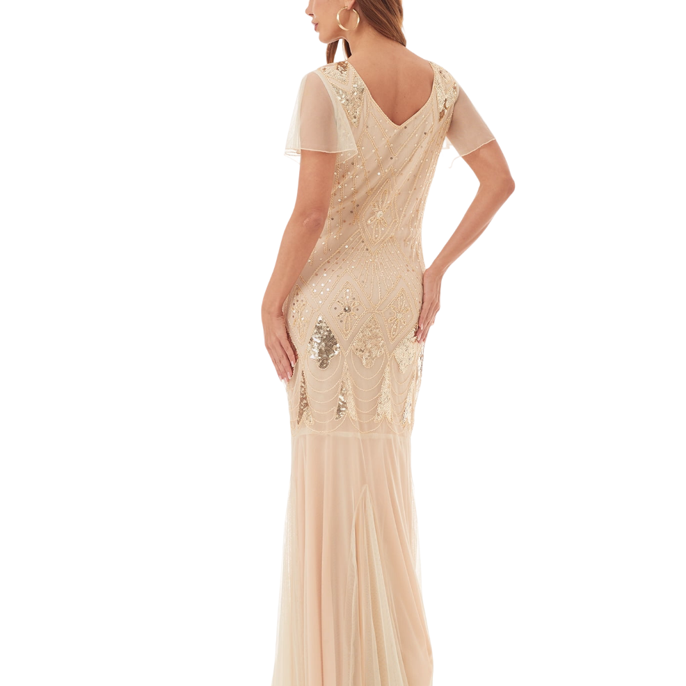 Beige Art Deco Sequin Mermaid Gown