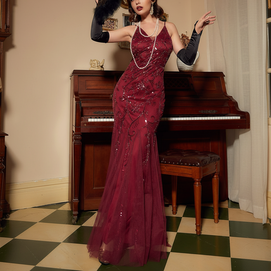 Art Deco Beaded Mermaid Evening Gown