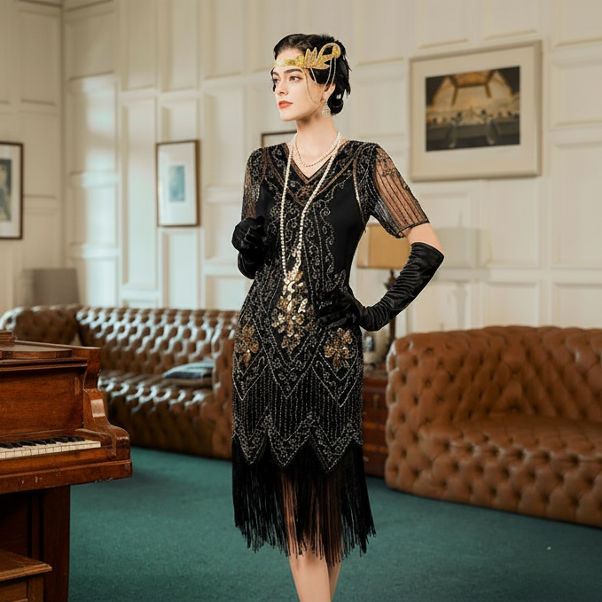 Art Deco V-Neck Flapper Dress with ACCs