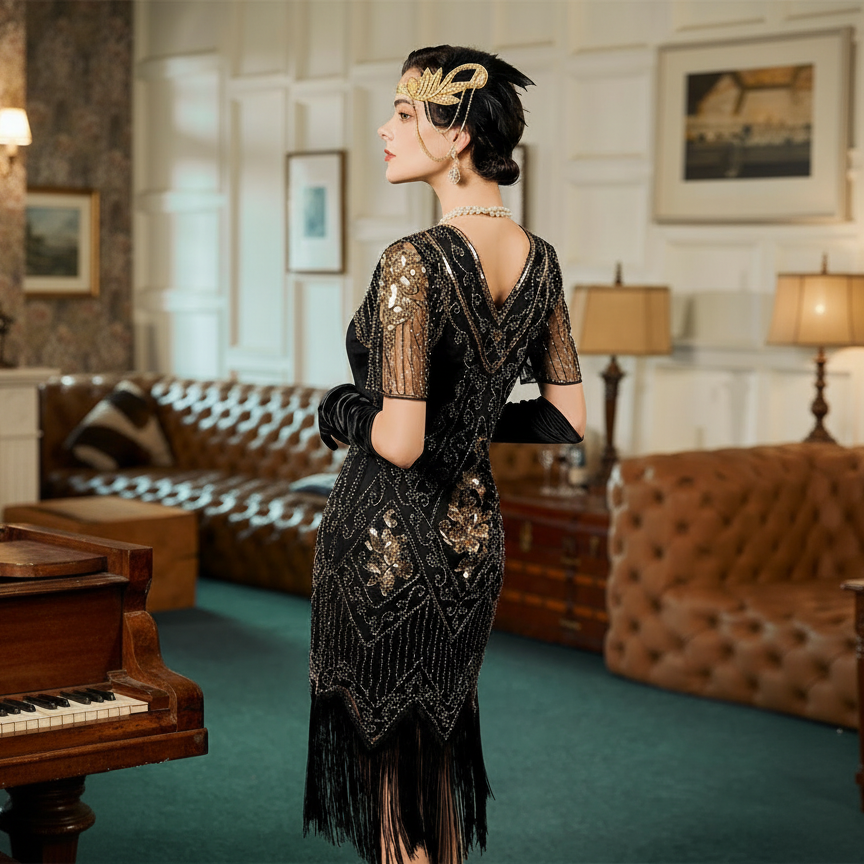 Art Deco V-Neck Flapper Dress with ACCs