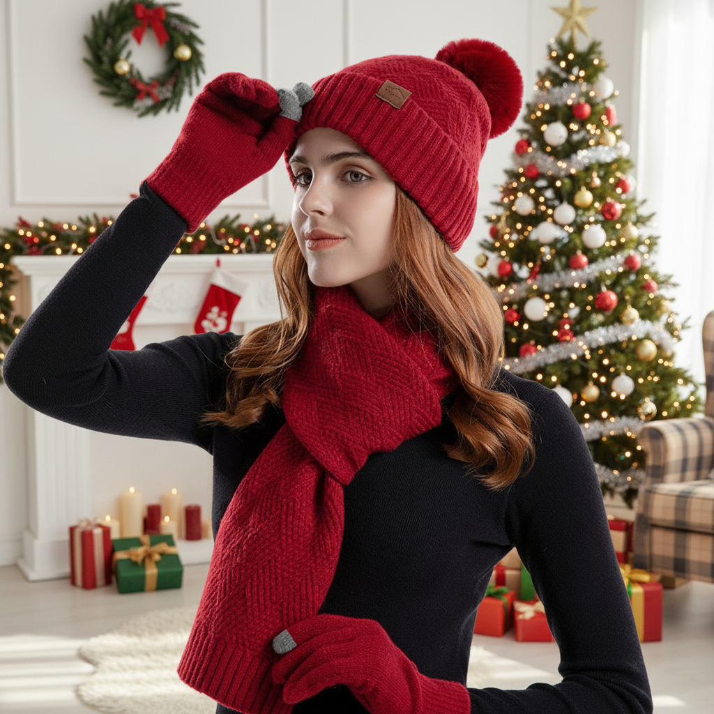 3 PCS Christmas Hat Scarf Glove Set