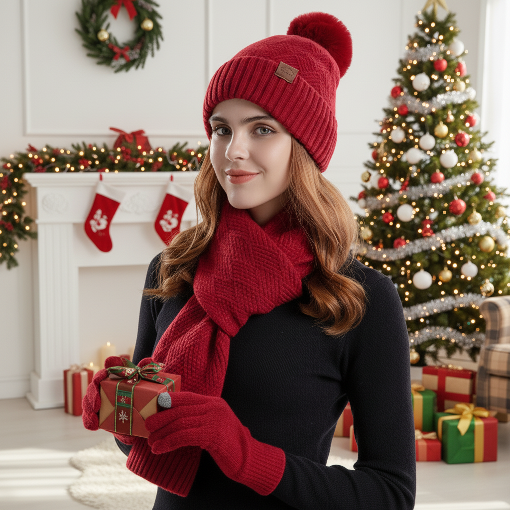 3 PCS Christmas Hat Scarf Glove Set