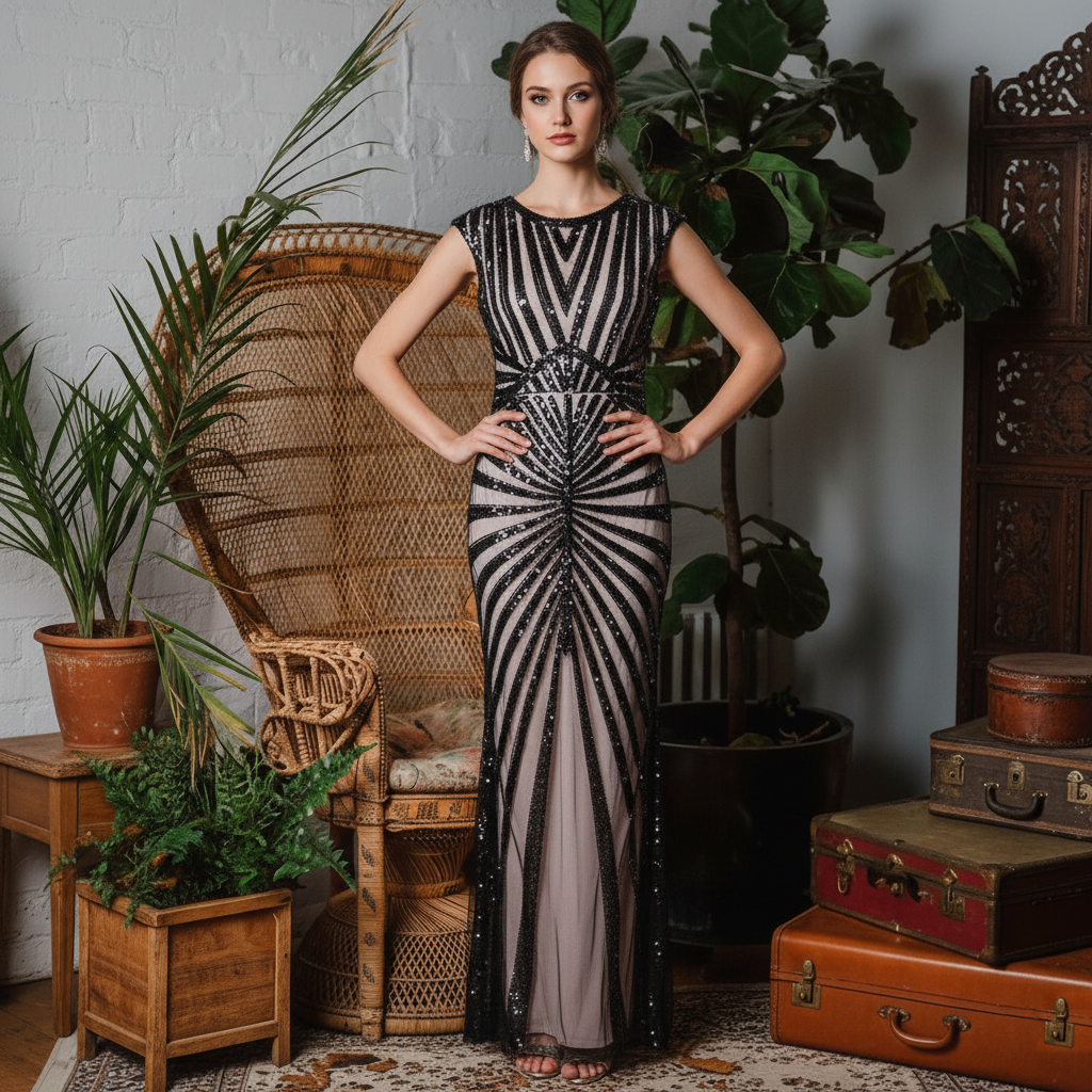 Sequined Silver Evening Gown