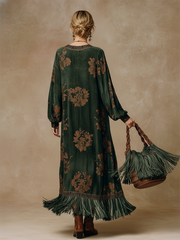 Commerce Boutique Green Printed Suede Tassel Maxi Dress 