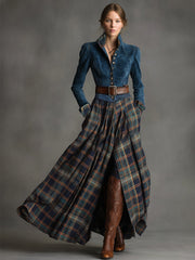 Commerce Boutique Blue Suede Plaid Belt Maxi Dress 