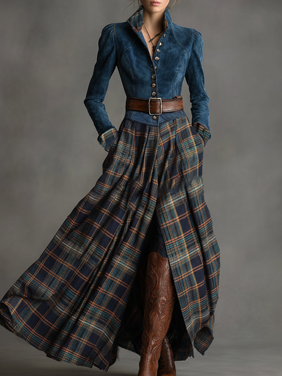 Commerce Boutique Blue Suede Plaid Belt Maxi Dress 