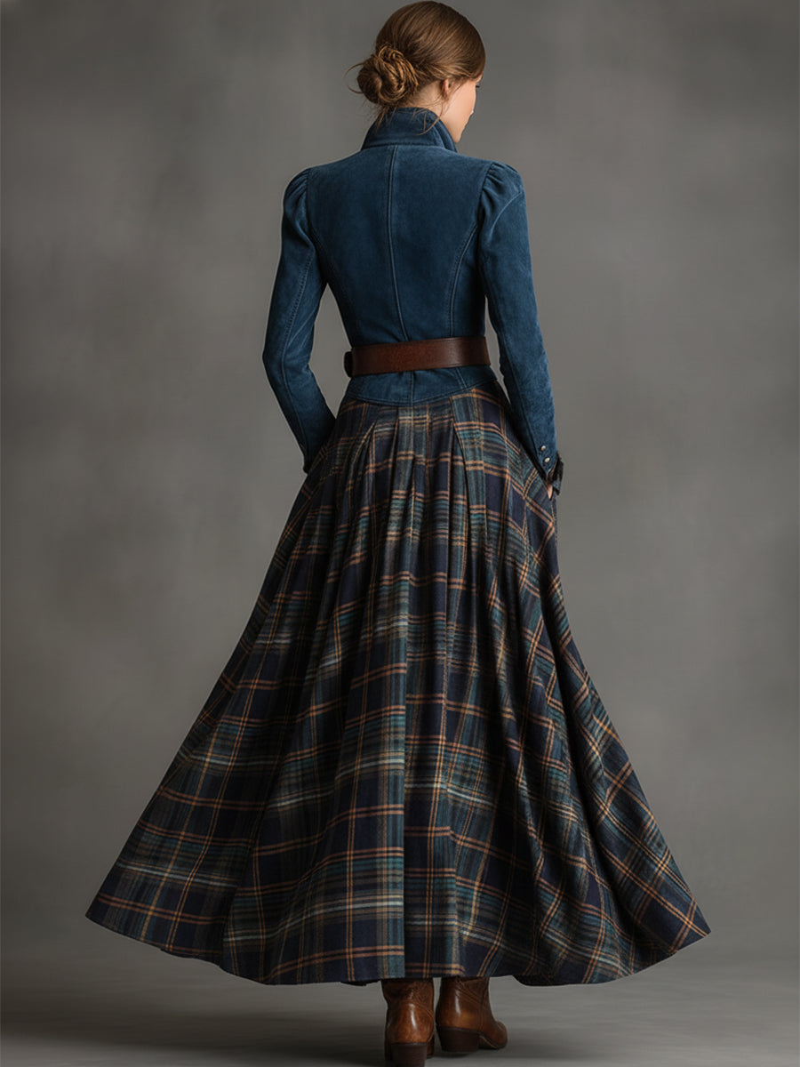 Commerce Boutique Blue Suede Plaid Belt Maxi Dress 