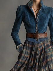 Commerce Boutique Blue Suede Plaid Belt Maxi Dress 