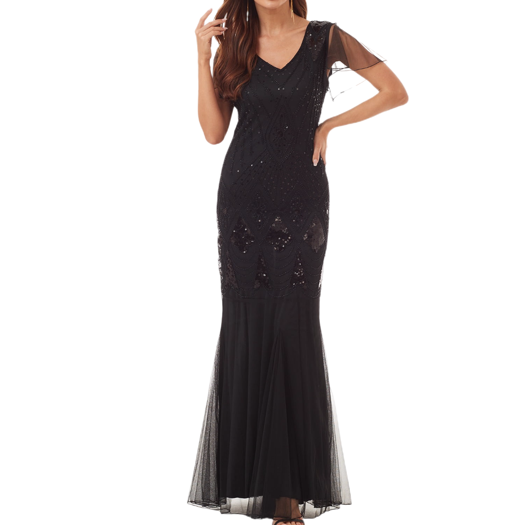 Black Art Deco Beaded Gown
