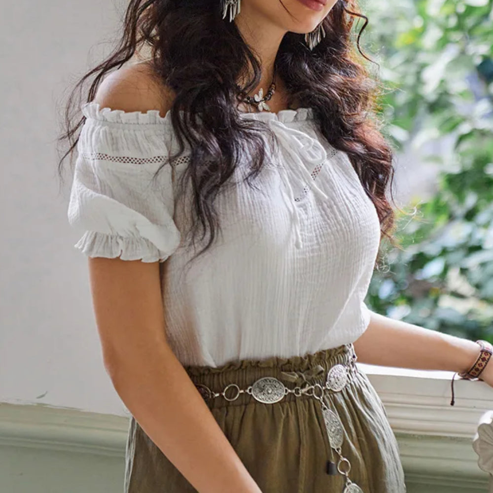 Renaissance Crew Neck Off Shoulder Lace-up Tops