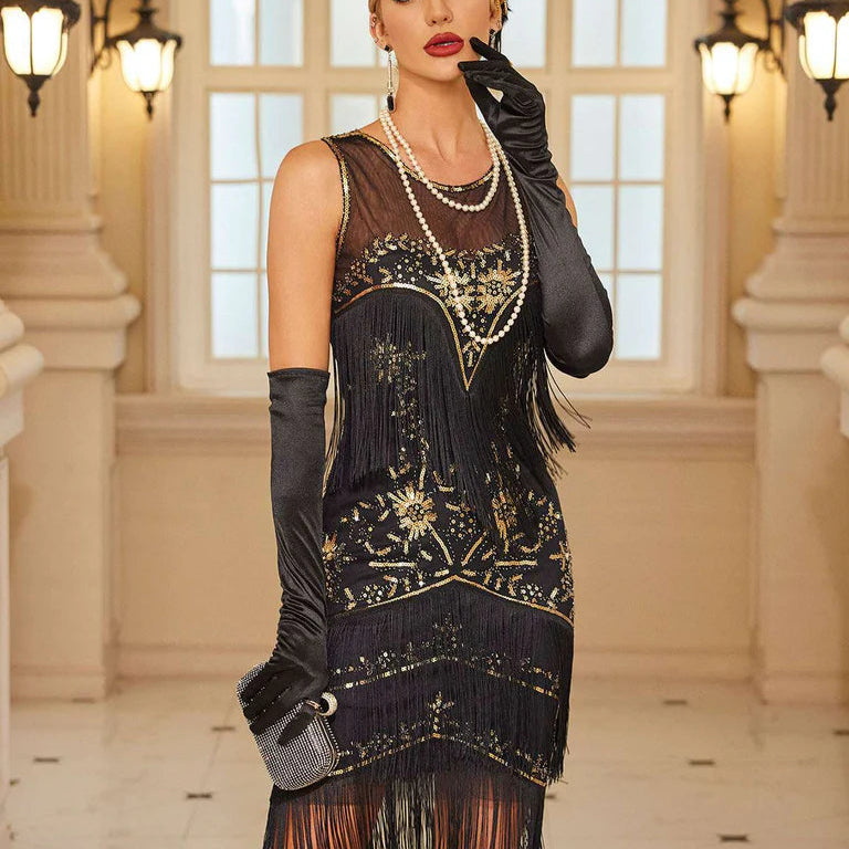 Black Sequins Layered Fringe Flapper Dresses