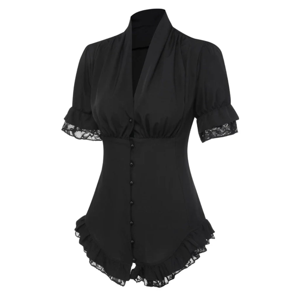 Victorian Pleated Shirt Lace Up Work Blouse