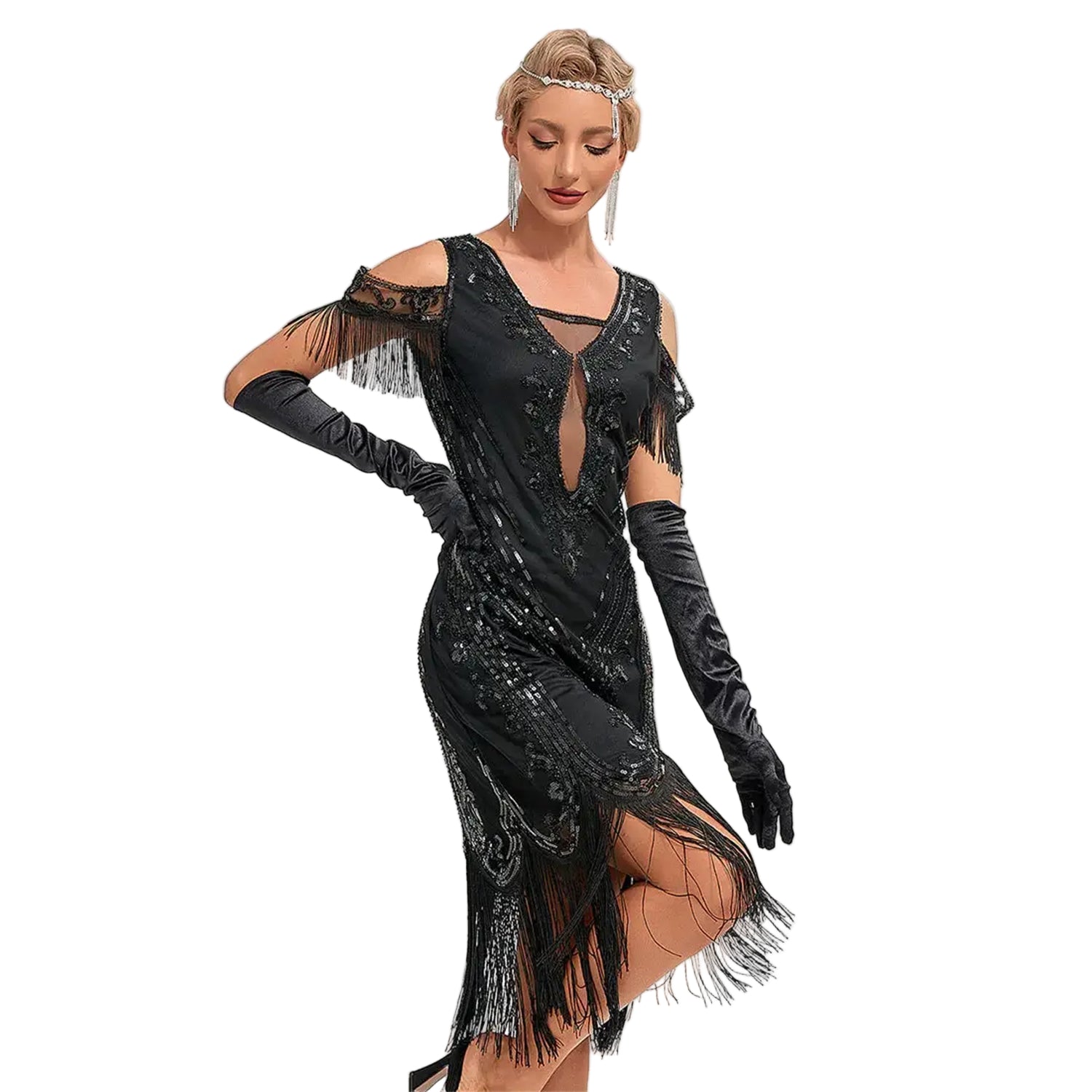 Plunging V-Neck Beaded Flapper Dress
