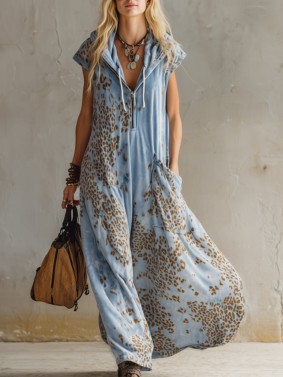 Commerce Boutique Blue Leopard Print Hooded Maxi Dress 