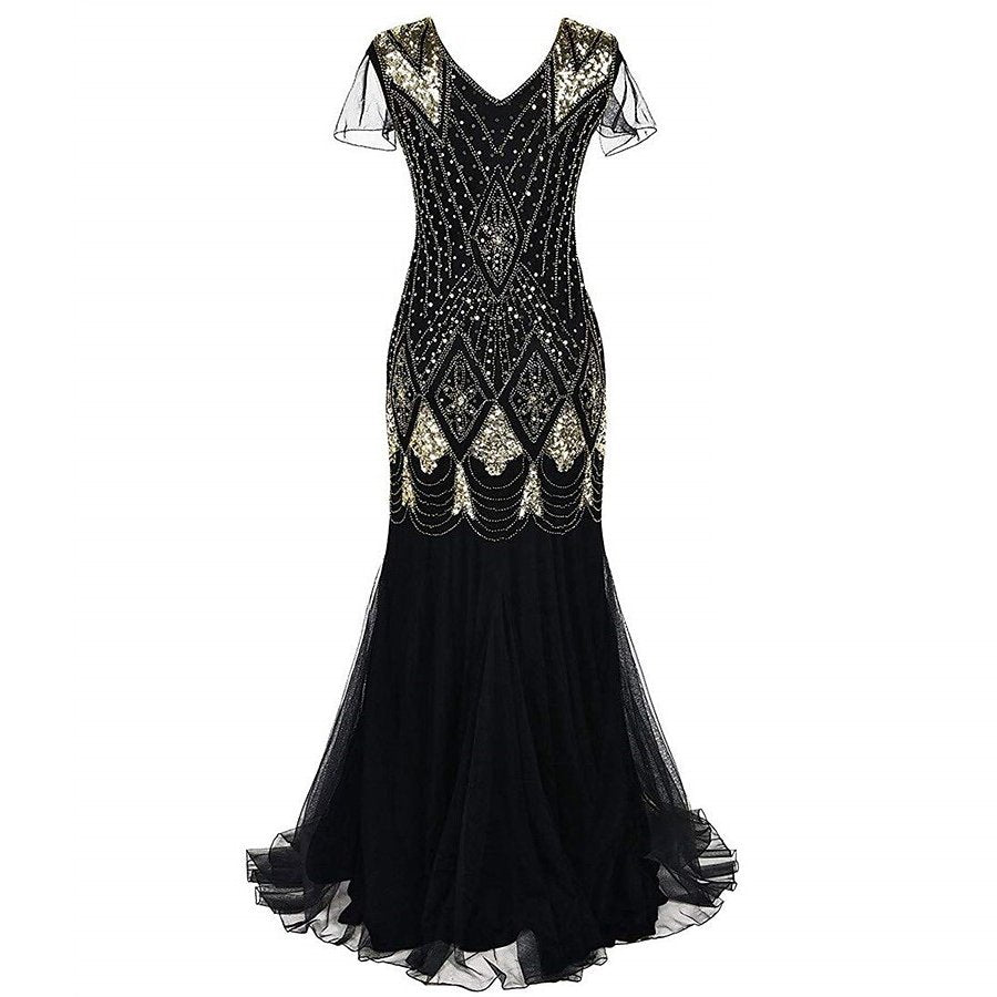 Black Art Deco Sequin Mermaid Gown