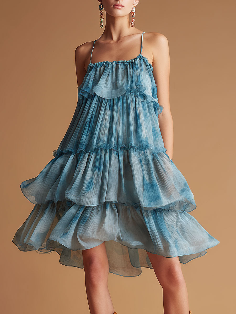 Commerce Boutique Blue Chiffon Spaghetti Strap Midi Dress 