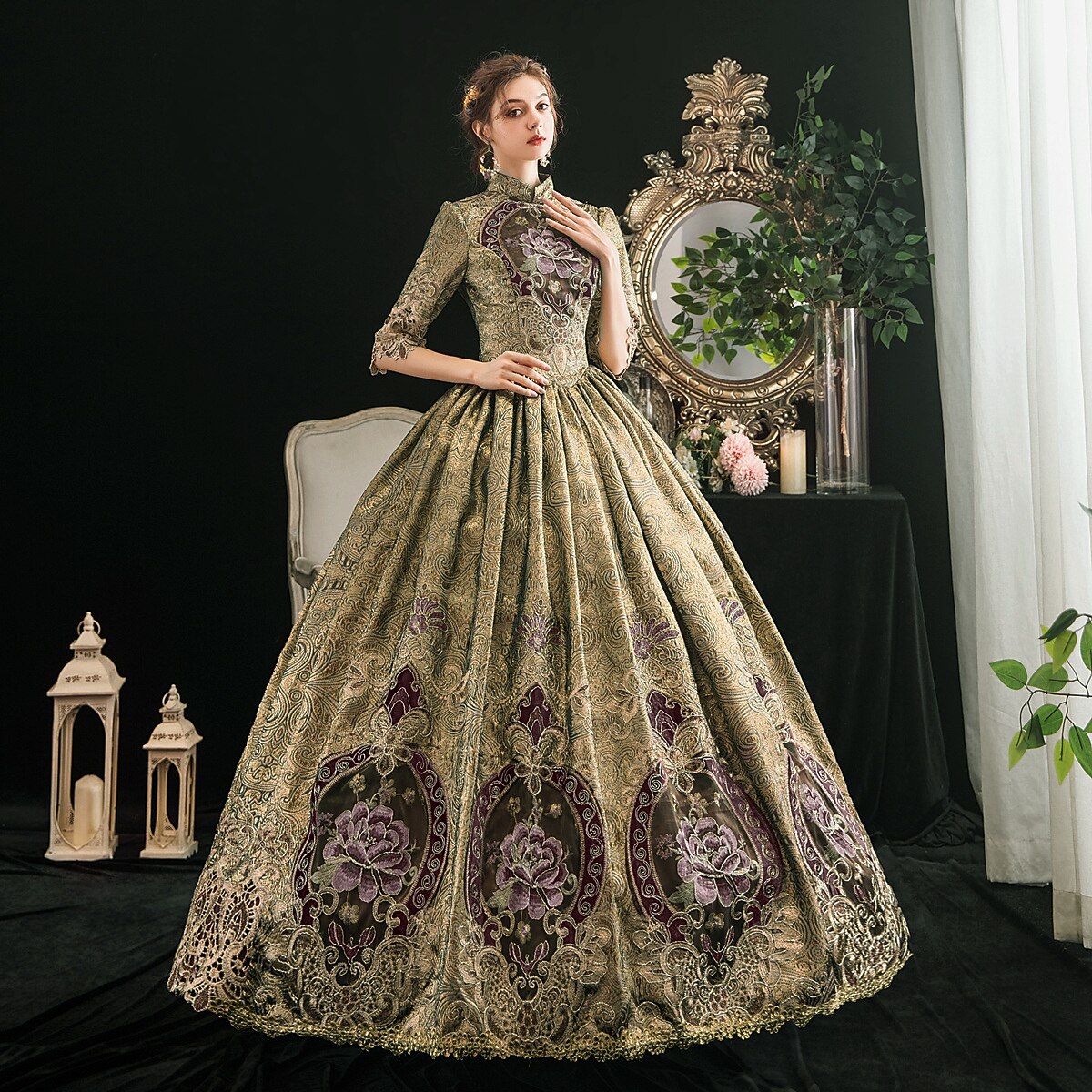 Victorian Embroidered High Neck Ball Gown