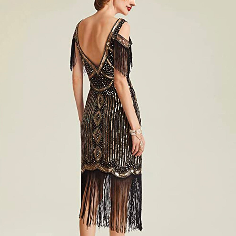 Sequin Tassel Trim Flapper Dress with ACCs