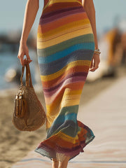 Commerce Boutique Colorful Striped Knit V Neck Maxi Dress 