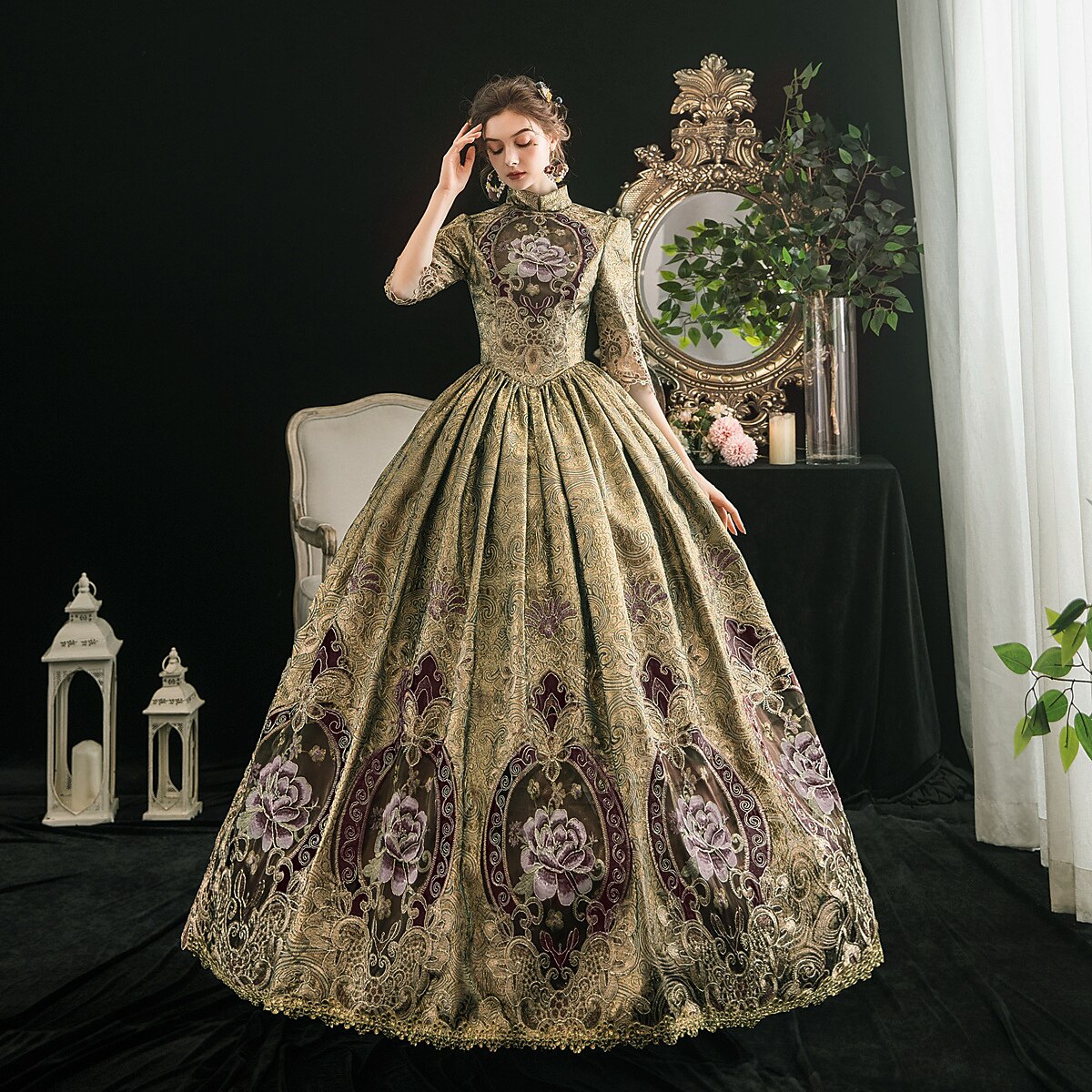 Victorian Embroidered High Neck Ball Gown