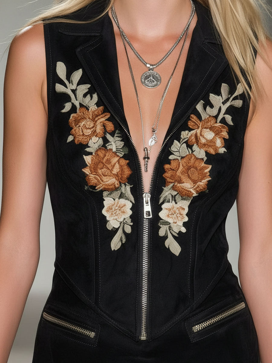Commerce Boutique Black Suede Embroidered Zip Mini Dress