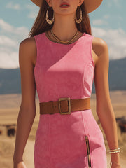 Commerce Boutique Pink Faux Suede Sleeveless Midi Dress 
