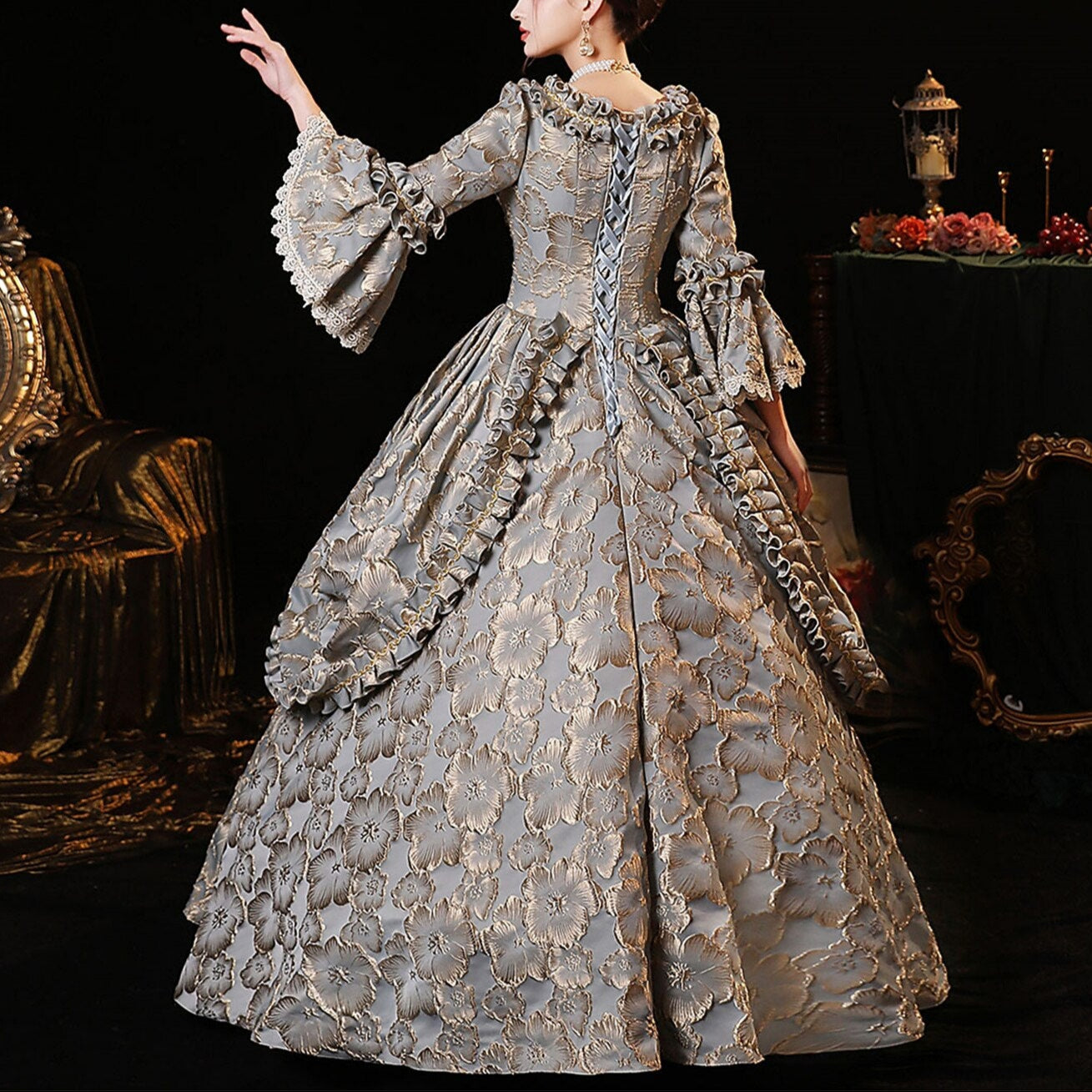 Rococo Floral Brocade Style Gown Robe à la Française