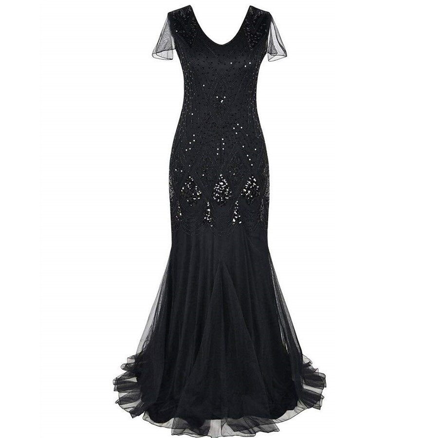 Black Art Deco Beaded Gown