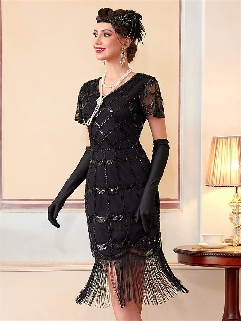 Black Sequin Pattern Flapper Dress