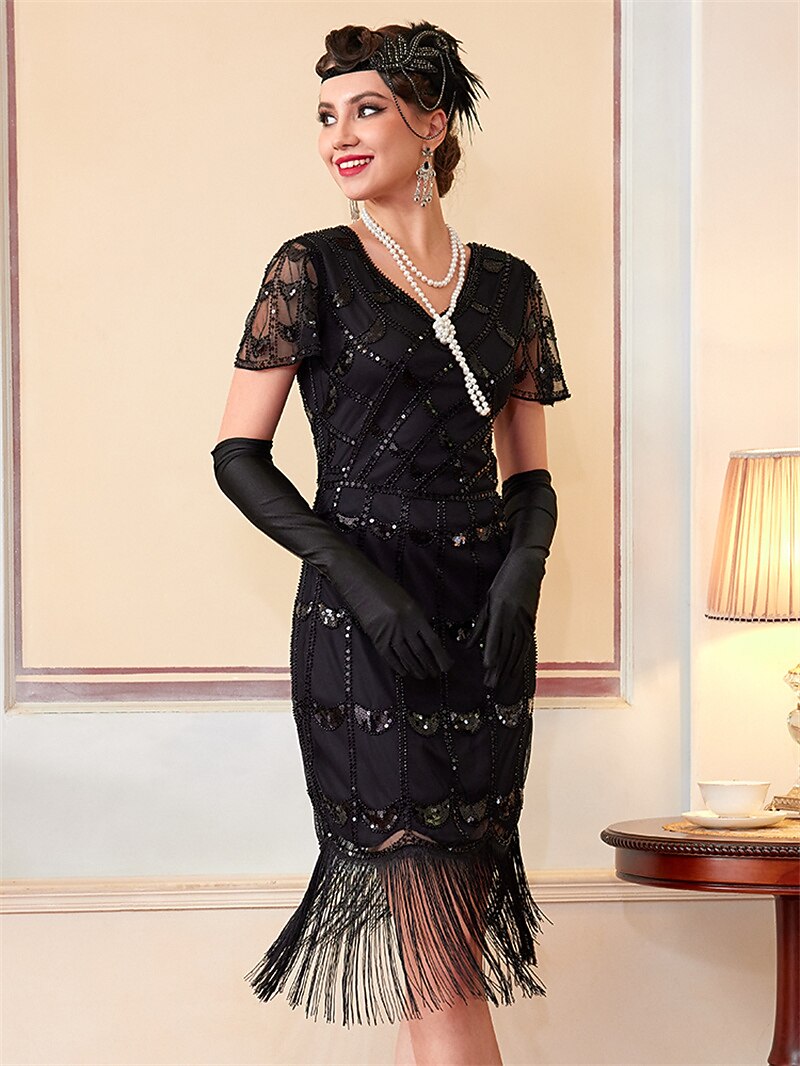 Black Sequin Pattern Flapper Dress