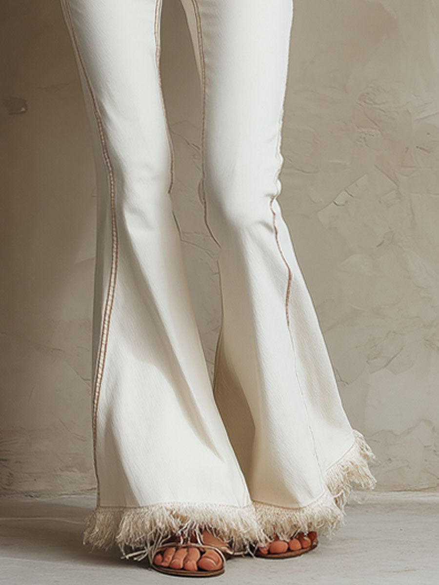 Commerce Boutique White Frayed Hem Flared Jeans 