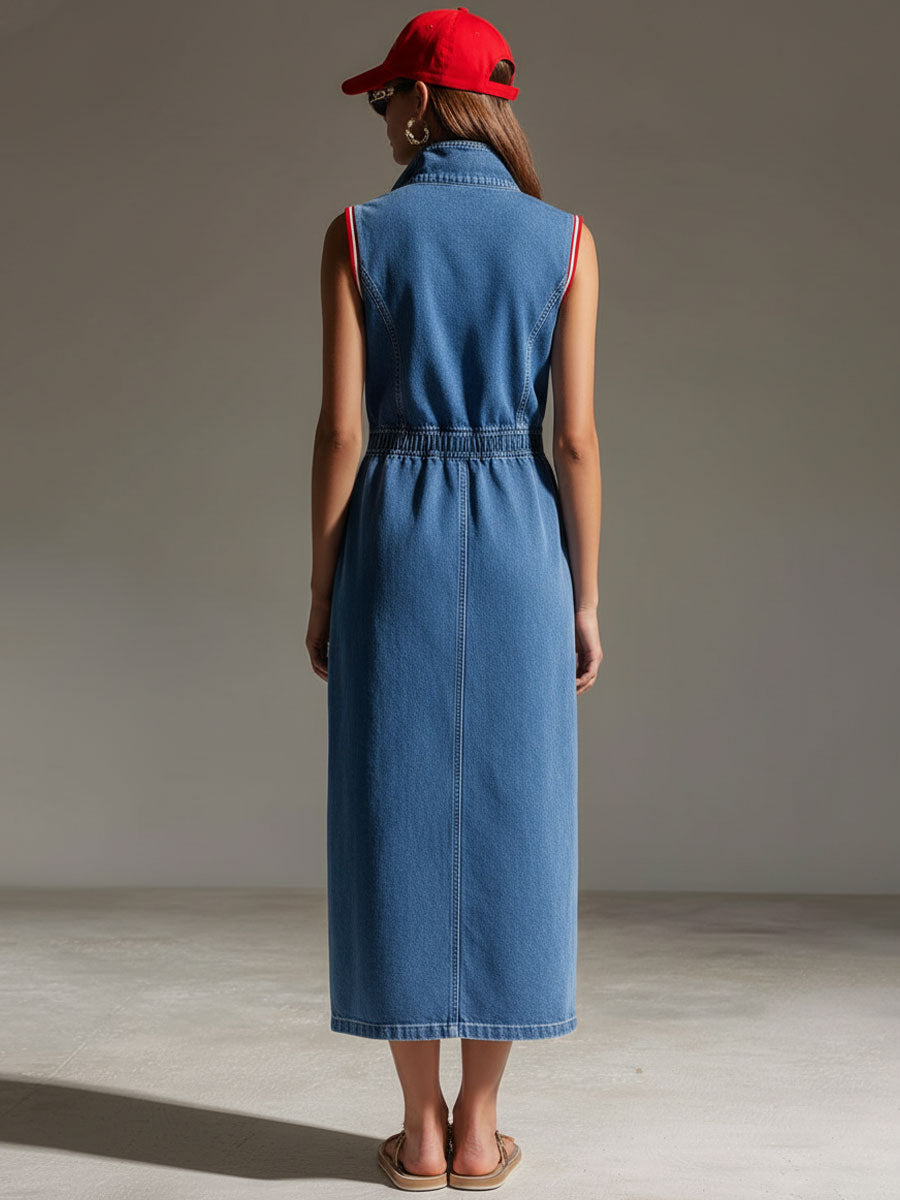 Commerce Boutique Retro Blue Denim Sleeveless Zip Midi Dress 