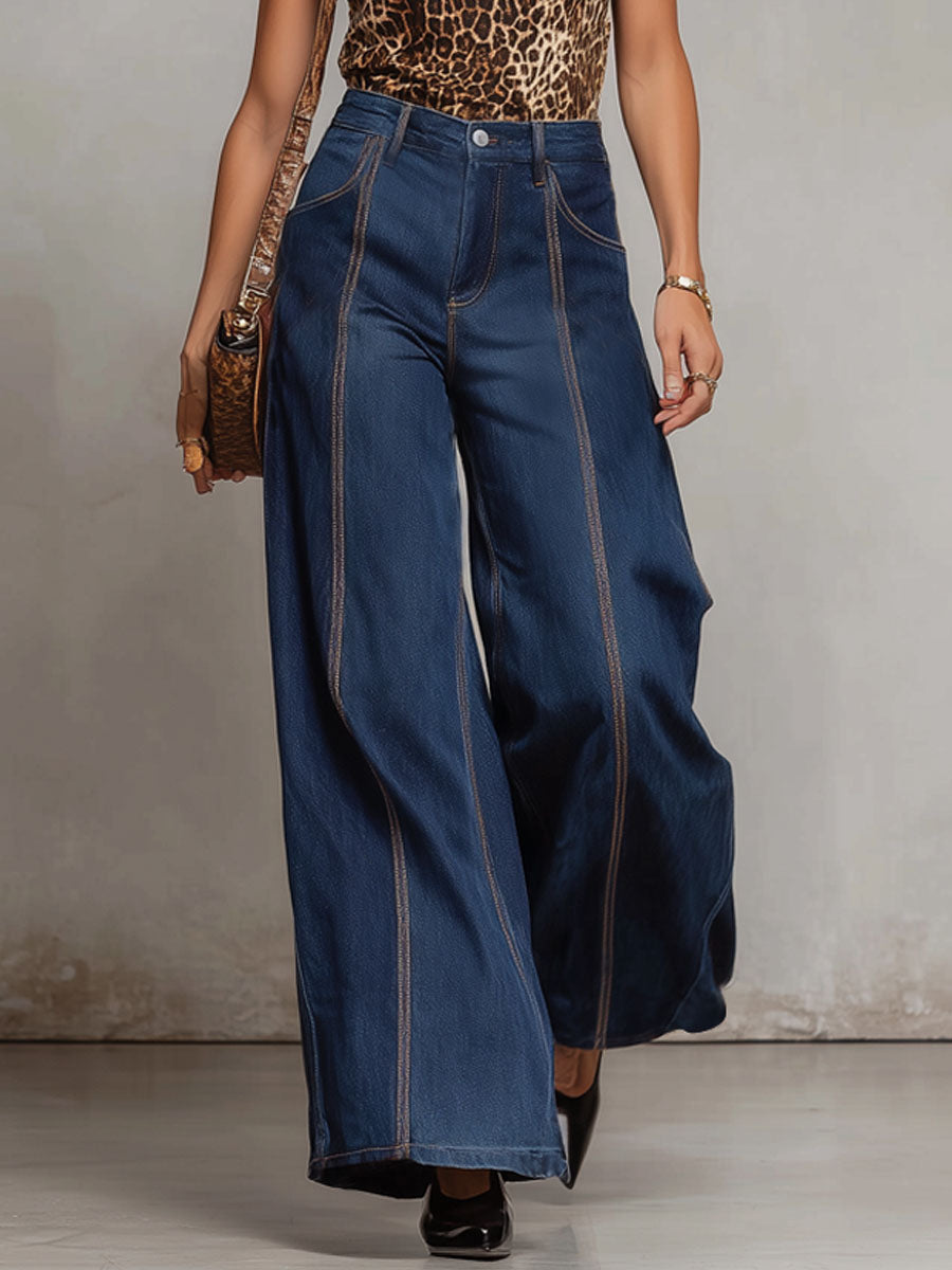 Commerce Boutique Contrast Stitch Wide Leg Denim Jeans 
