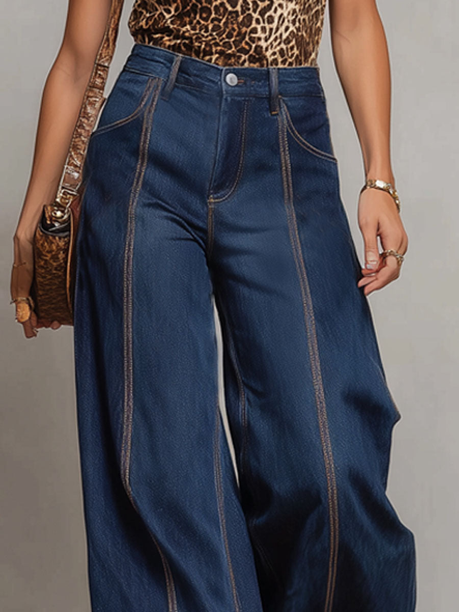 Commerce Boutique Contrast Stitch Wide Leg Denim Jeans 