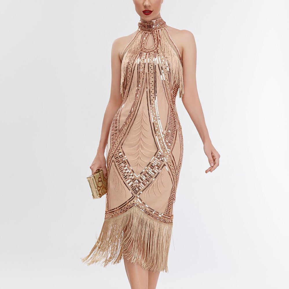Apricot Art Deco Fringe Trim Flapper Dress