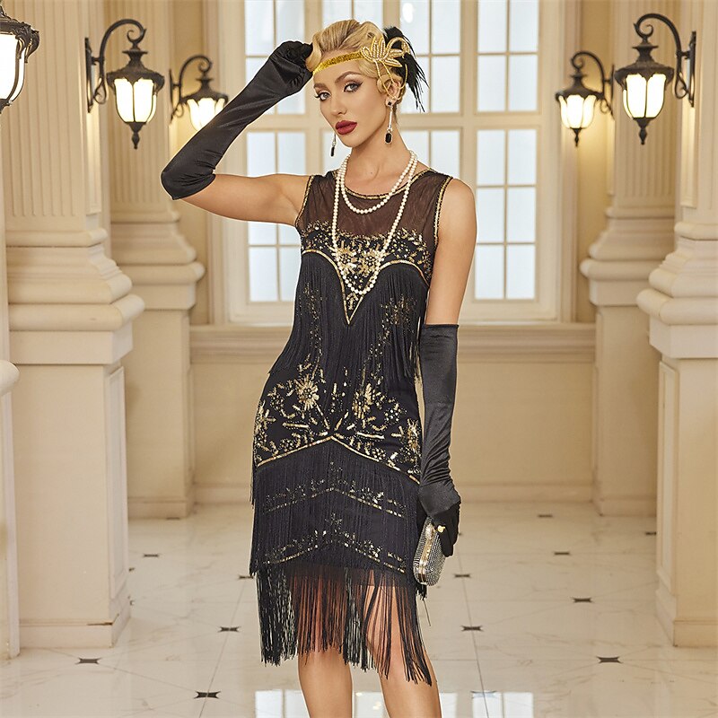 Black Sequins Layered Fringe Flapper Dresses