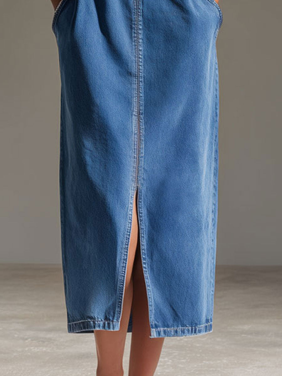 Commerce Boutique Retro Blue Denim Sleeveless Zip Midi Dress 