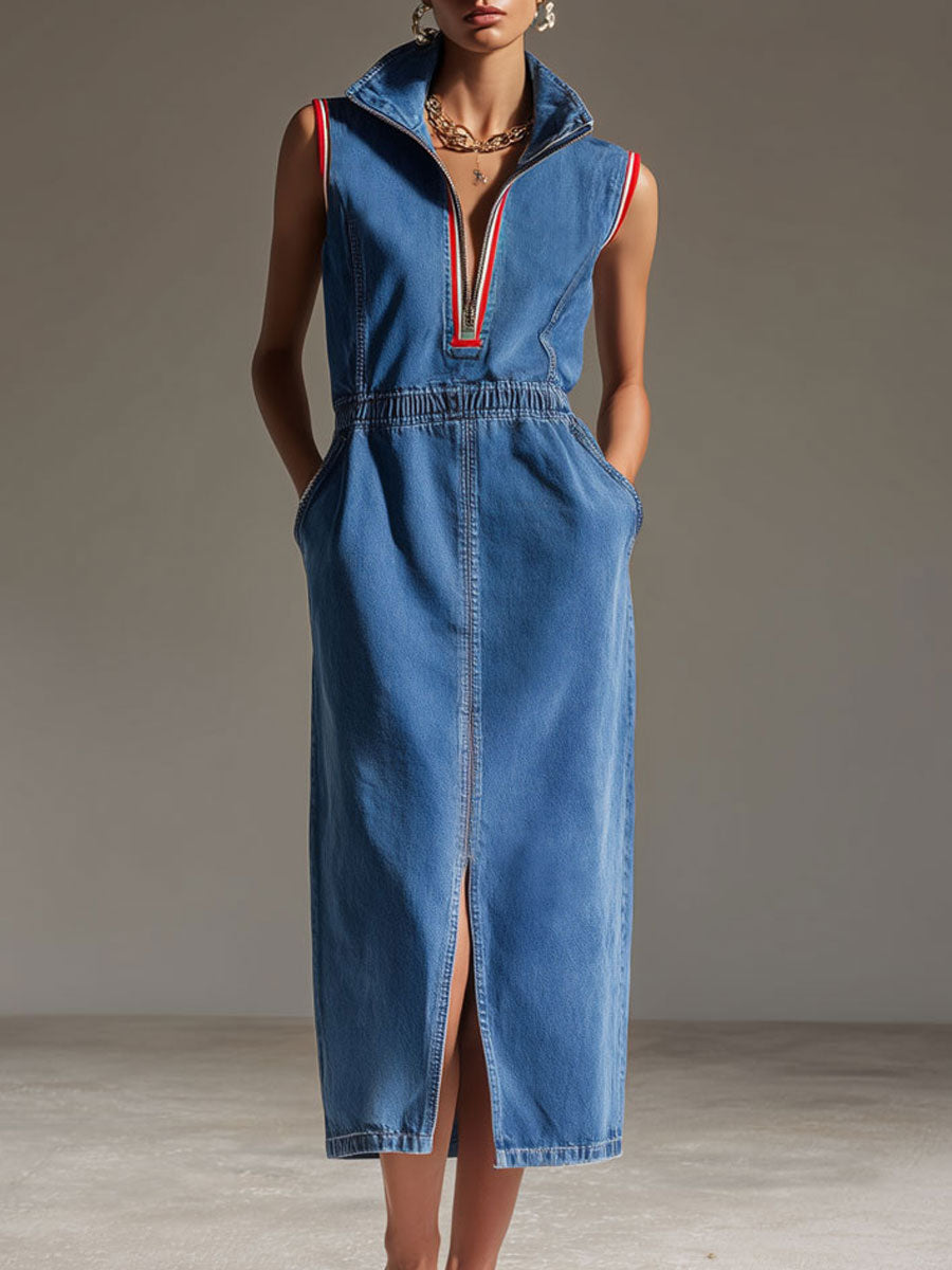 Commerce Boutique Retro Blue Denim Sleeveless Zip Midi Dress 