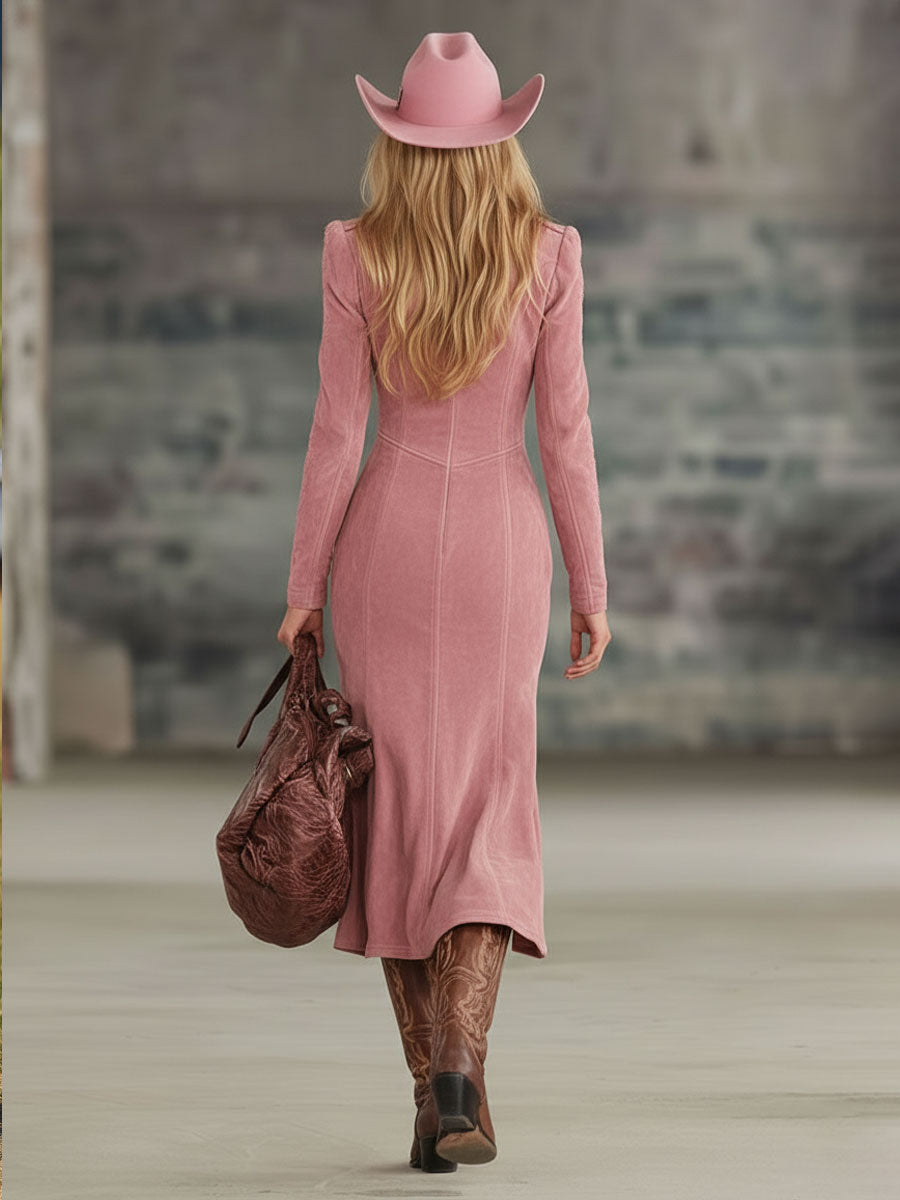 Commerce Boutique Pink Faux Suede Embroidered Midi Dress 