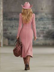 Commerce Boutique Pink Faux Suede Embroidered Midi Dress 
